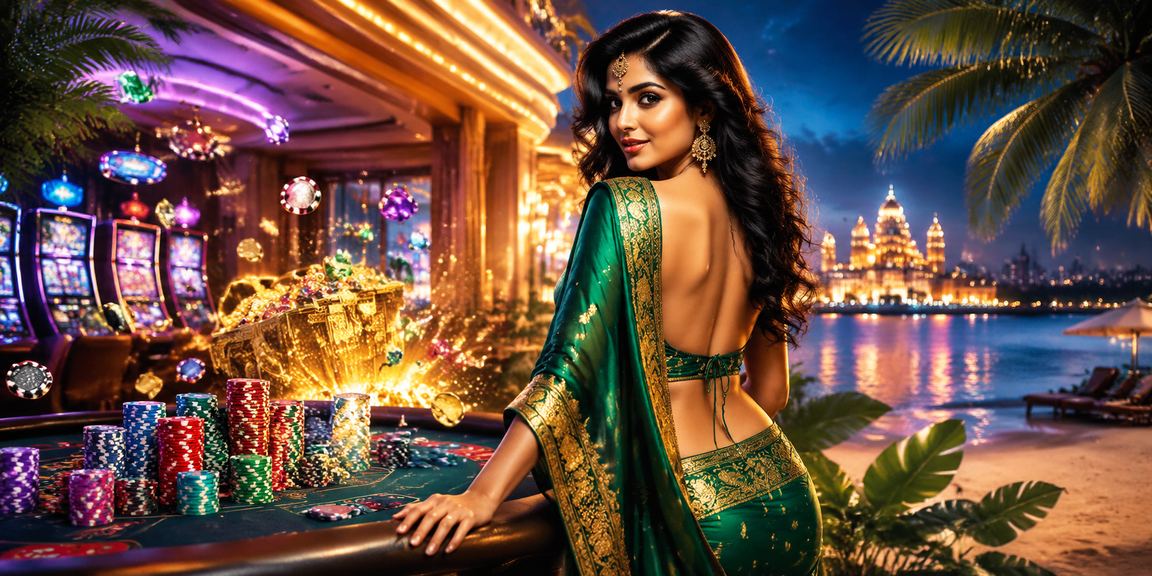 Indian woman playing slot game at casino
